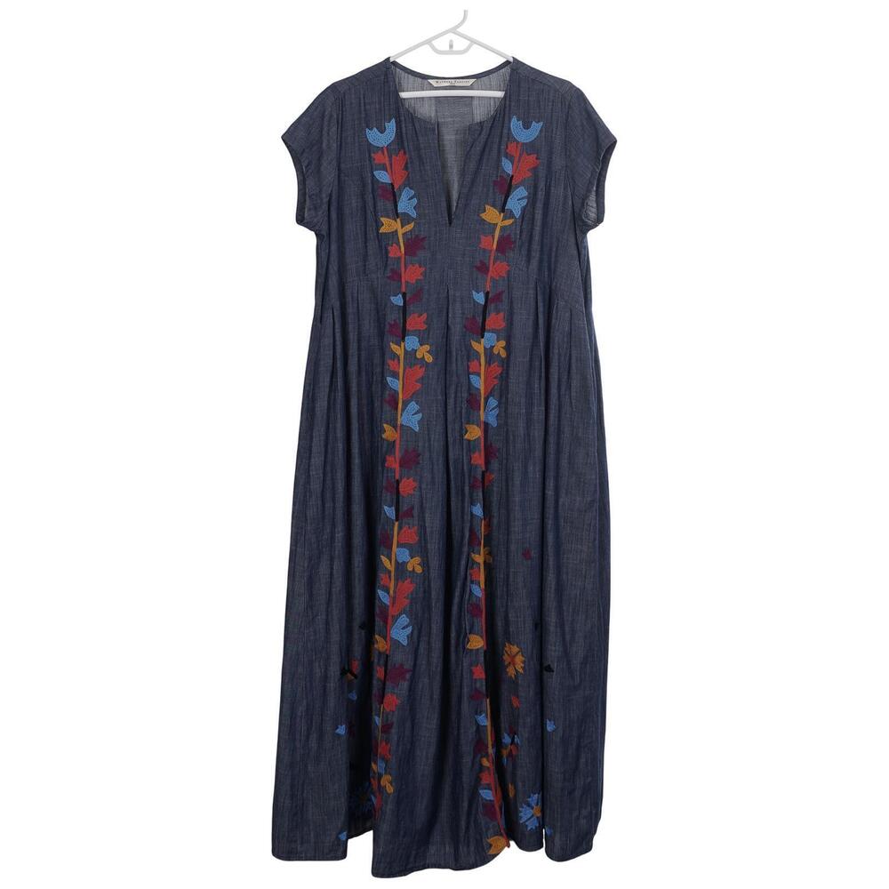 Wayward Fancies eShakti Dress XL? Blue Chambray Cotton Embroidered Maxi Pockets